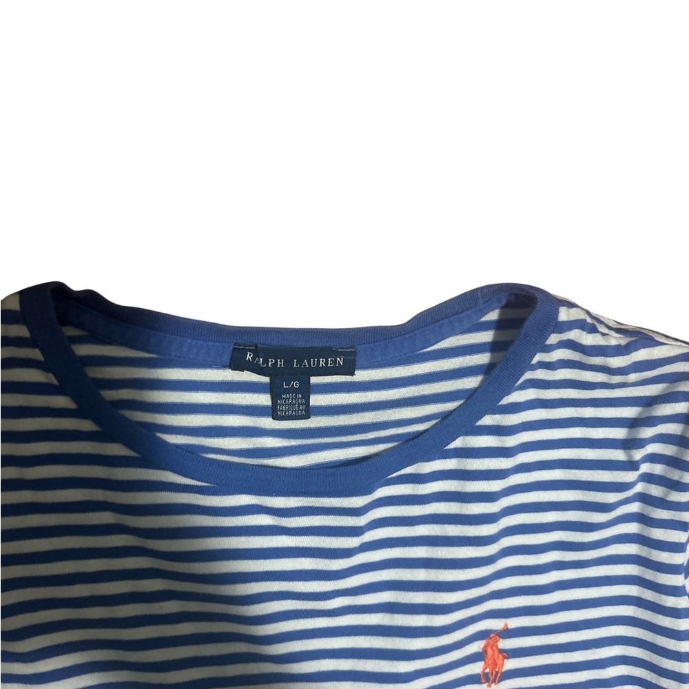 Ralph Lauren Blue White Striped Cotton Tee Shirt Women’s Large Short Sleeve Pony - Picture 5 of 7